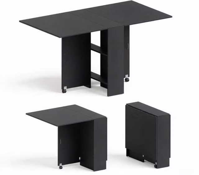 Tavolo da pranzo pieghevole con piano allungabile, struttura nera in truciolato, dimensioni variabili fino a 140 cm
