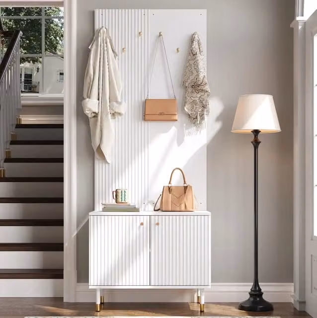 Mobile ingresso MODFU con appendiabiti e scarpiera, bianco e oro, L: 70 cm, P: 35 cm, H: 180 cm