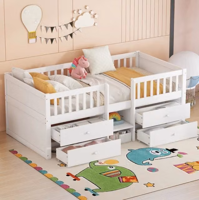 Letto rialzato 90x200 cm con 4 cassetti; sponde di sicurezza e scala; bianco