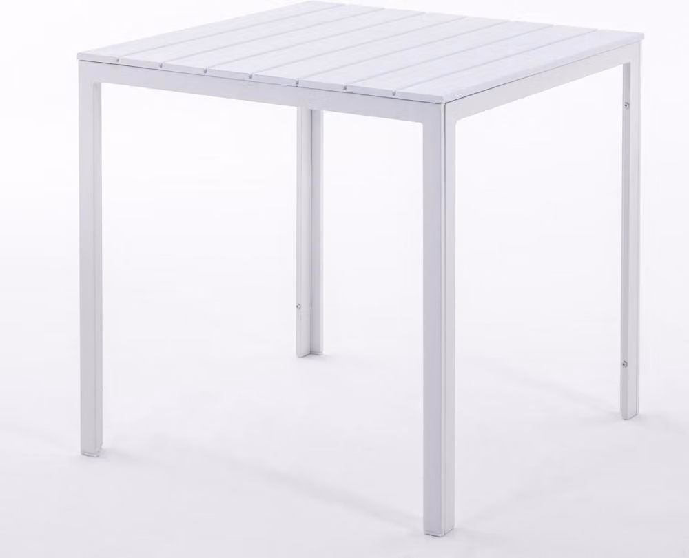 Tavolo quadrato da esterno 78x78 cm, struttura in acciaio e piano in legno, stile moderno per giardino o terrazza - GABRIEL - Bianco