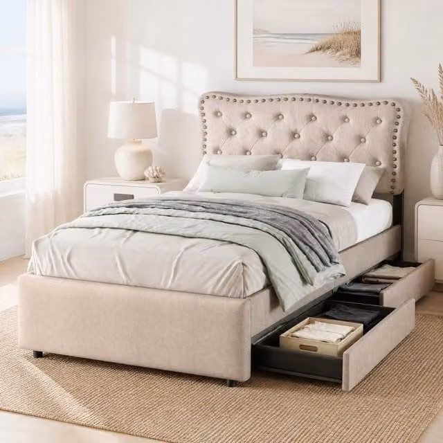 Letto Mivray imbottito con cassetti e testiera regolabile in lino e MDF, colore beige, L/P/H: 90 x 200 x 111,5 cm