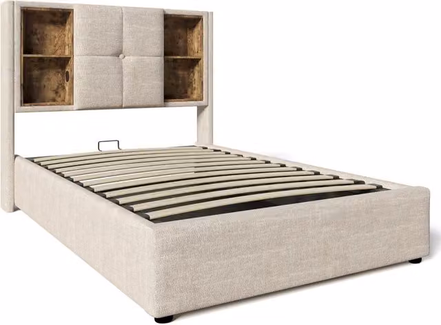 Letto singolo imbottito 90x200 cm con ricarica wireless USB-C, struttura con contenitore in lino naturale