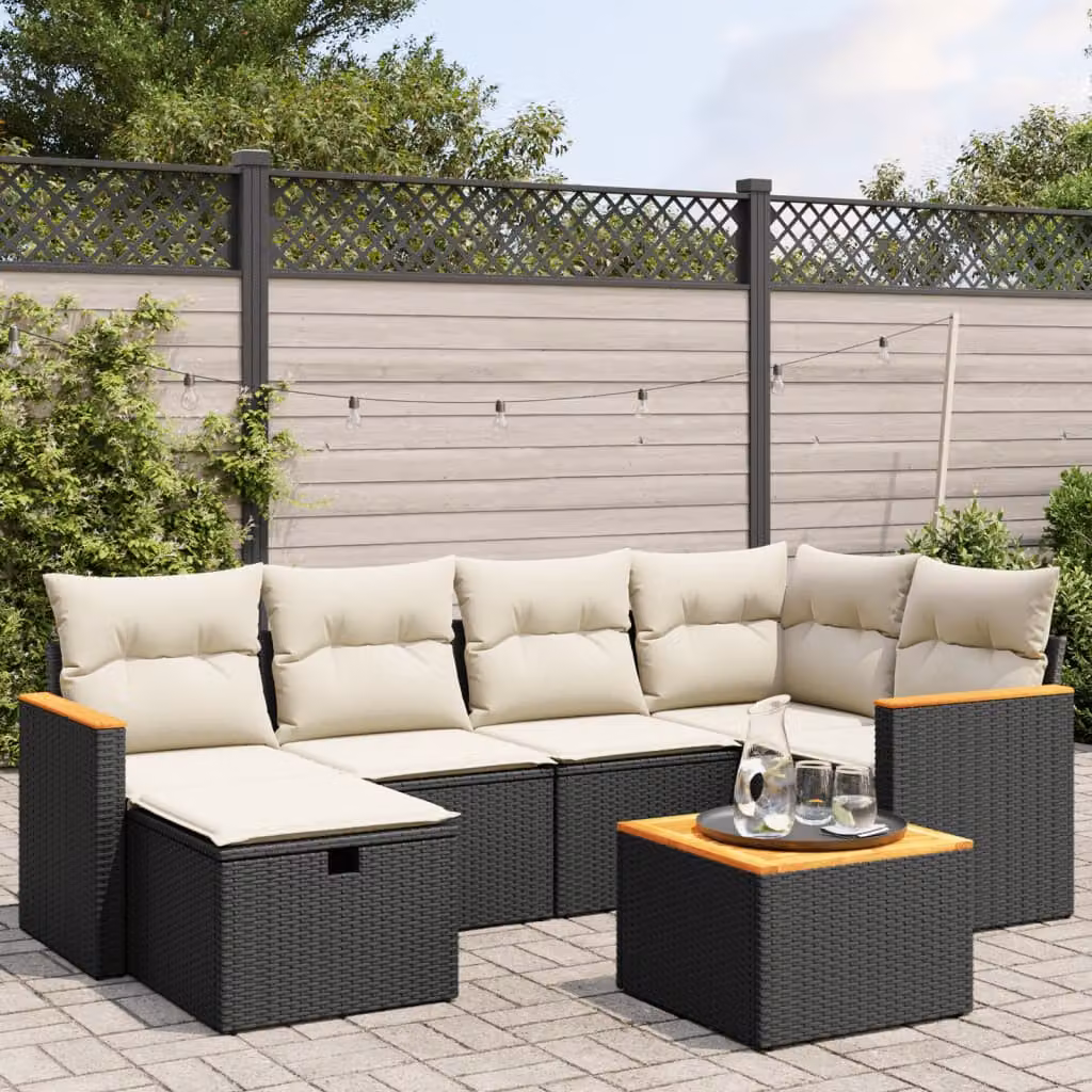 Set Divani da Giardino a L vidaXL con 7 Pezzi, Design Moderno con Cuscini e Tavolino, Colore Nero e Bianco – 1
