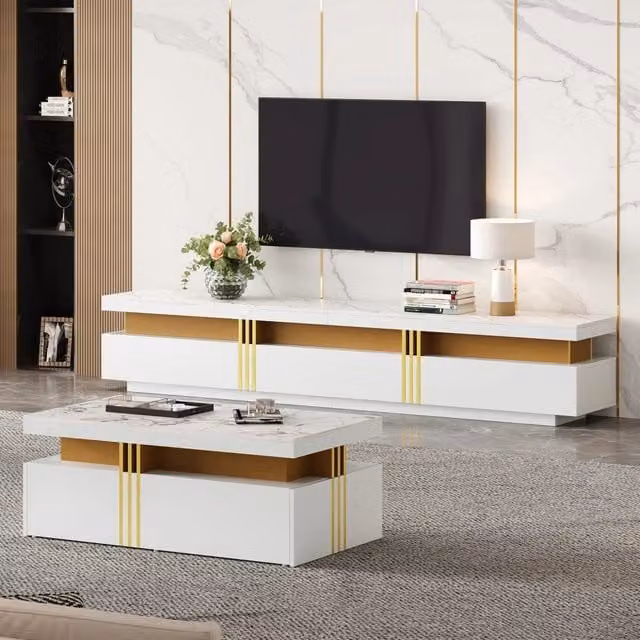 Mobile porta TV con tavolino basso set da soggiorno con 5 cassetti piano effetto marmo bianco in pannello truciolare