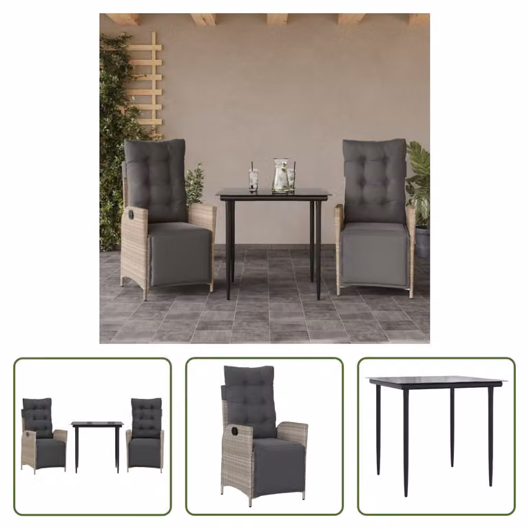 The Living Store Set da pranzo da giardino 3 pezzi con cuscini in rattan grigio chiaro