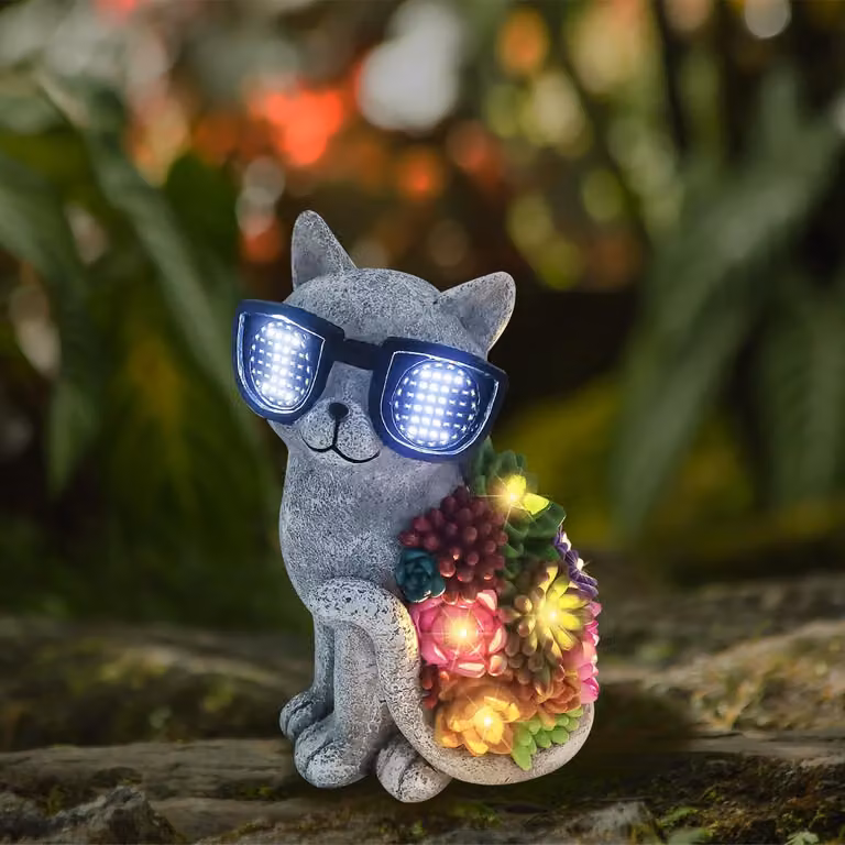 Gatto solare con occhiali, in resina, 23x11,5x15 cm, lampada da giardino