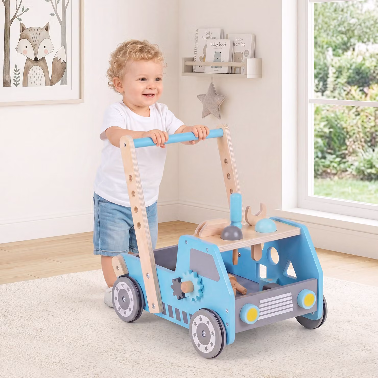 Girello in legno Costway con centro attività e spazio di stoccaggio, carrello primi passi per bambini, Blu
