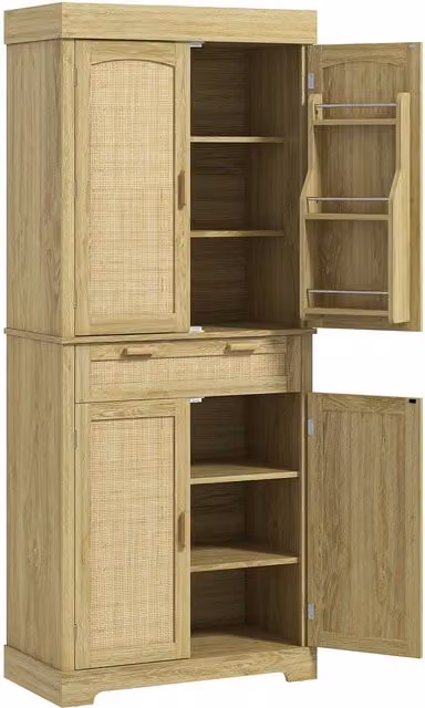 Credenza Cucina Boho HOMCOM in Legno e Rattan con Armadietti e Cassetti, Colore Rovere, L: 76 cm, P: 40 cm, H: 183 cm