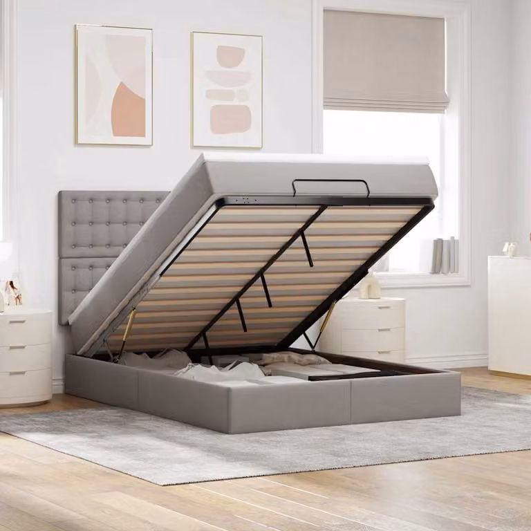 vidaXL Letto con Contenitore e Materasso in Tessuto, Colore Tortora, L/P/H: 200 x 140 x 128 cm