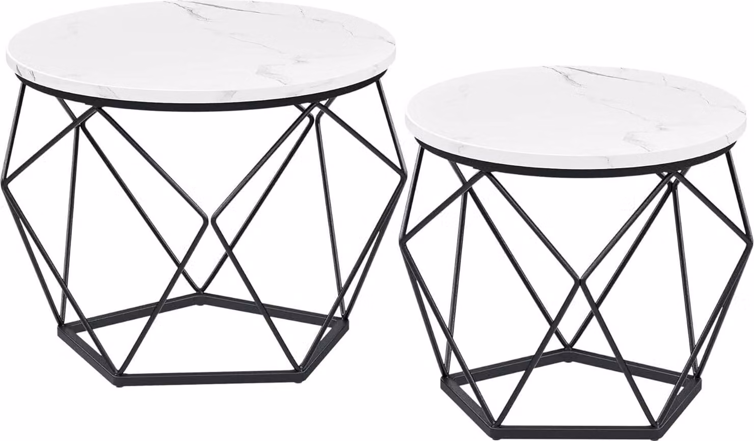 VASAGLE Tavolini rotondi, set di 2 tavolini, stile moderno, piano d'appoggio rimovibile, struttura in acciaio, per soggiorno, bianco e nero