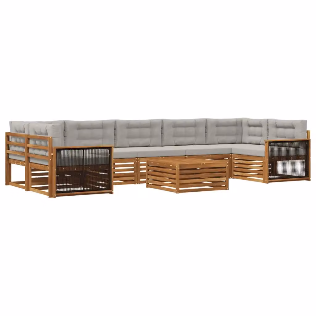 Set di divani da esterno a L con tavolino vidaXL in legno di acacia, beige e grigio, composto da 8 pezzi con cuscini inclusi – 2