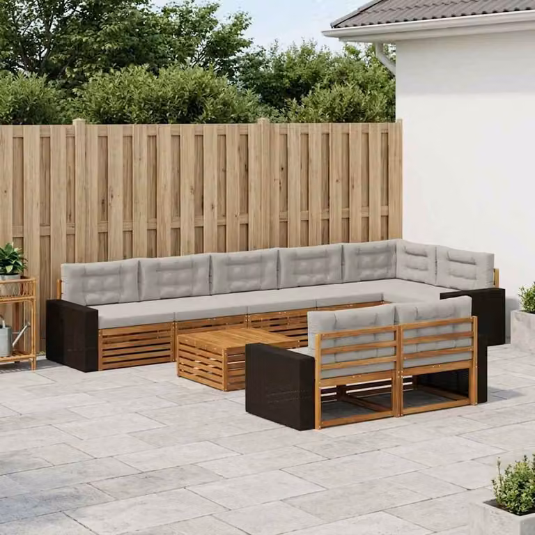 vidaXL Set di divani da esterno a L in legno di acacia con cuscini, 9 pezzi, Beige, Grigio e Marrone