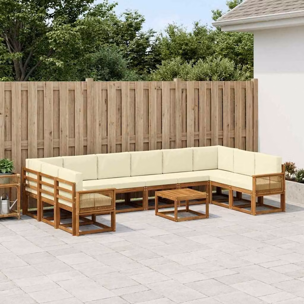 vidaXL Set di divani da esterno a forma di U in legno di acacia con cuscini, 11 pezzi, Marrone e Beige