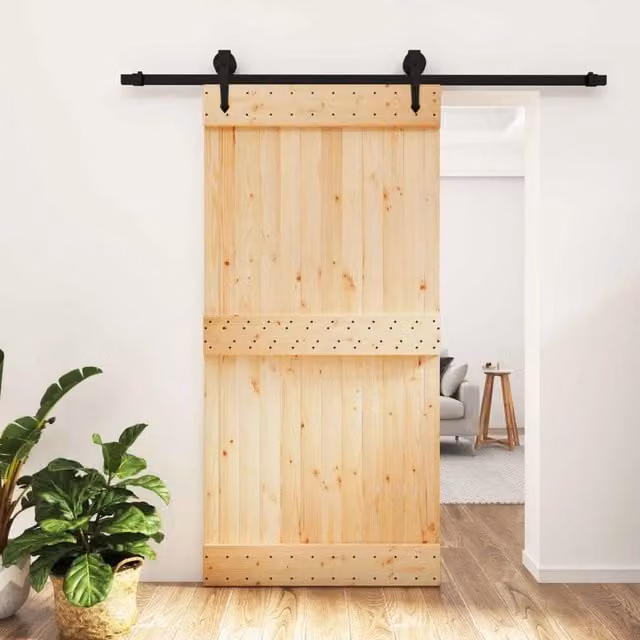 Porta scorrevole moderna vidaXL in legno e acciaio, colore naturale e nero, L: 100 cm, H: 210 cm