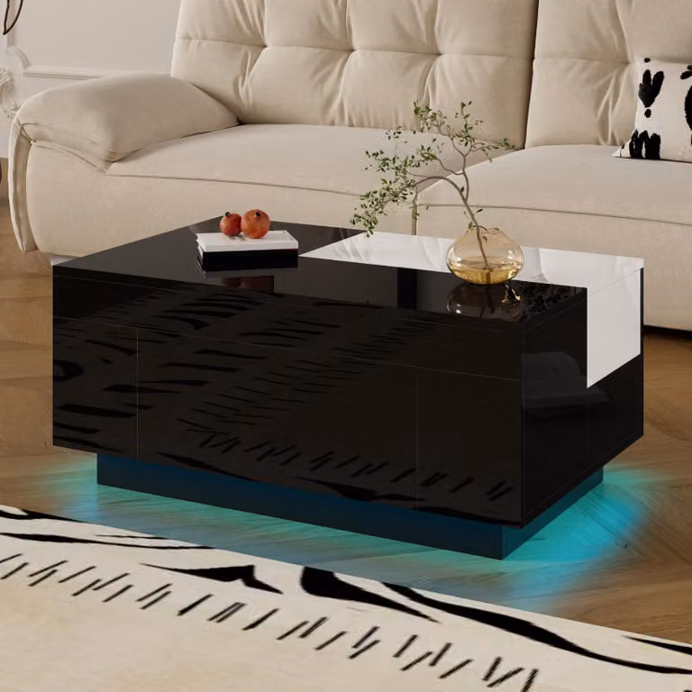 Tavolino Merax lucido con illuminazione a LED, tavolino da divano allungabile con cassetto, app Bluetooth, striscia luminosa a 16 colori, tavolino moderno nero