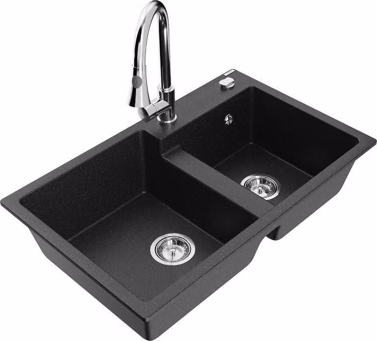 Mexen Tomas lavello in granito a 2 vasche con miscelatore da cucina Elia, nero/metallizzato argento - 6516-73-670101-00