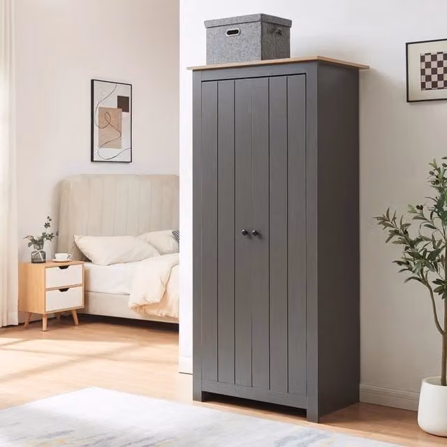 Armadio per guardaroba Trorjam en.casa con scomparti e barra appendiabiti, Grigio e Effetto Rovere, H 175 x L 80 x P 52 cm