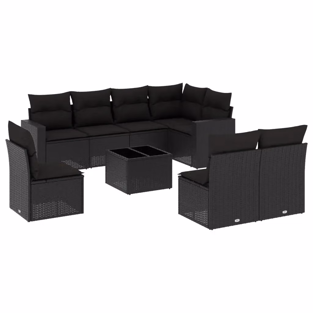 vidaXL Set Divani da Giardino 9 pz a Forma a L con Cuscini e Tavolino Nero in Polyrattan e Acciaio – 2