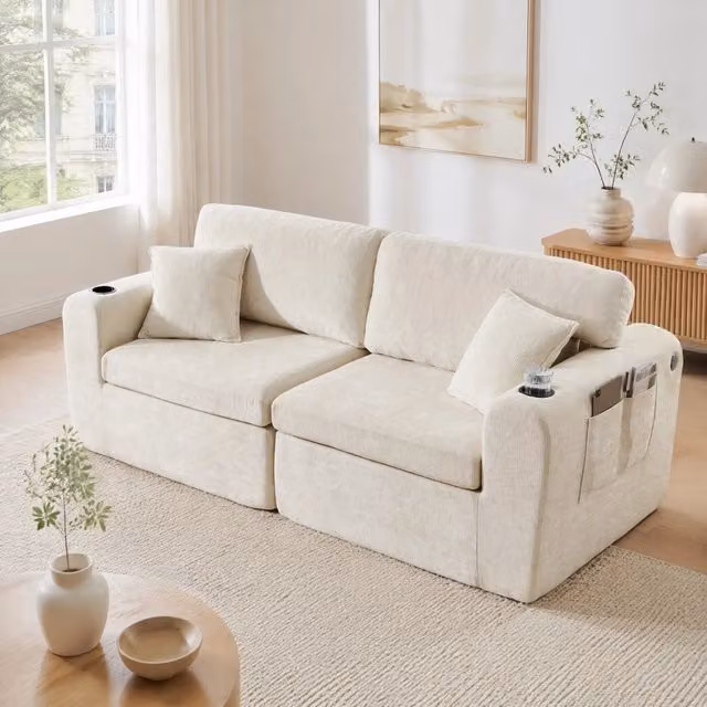 Divano compatto MIVRAY a 2 posti in tessuto beige con portabevande, ricarica USB e cuscini inclusi