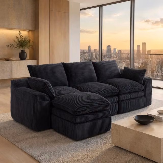 Divano modulare in corduroy nero 263x167x85 cm; con tasche laterali e cuscini