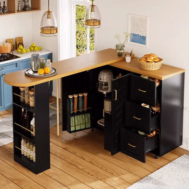Carrello da cucina mobile estensibile con 2 ante, 3 cassetti e cestello, 5 ruote frenate, piano effetto legno, nero