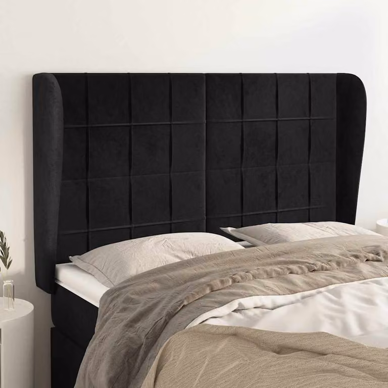 Testiera ad orecchio vidaXL in velluto nero con struttura in legno L: 147 cm, P: 23 cm, H: 118/128 cm