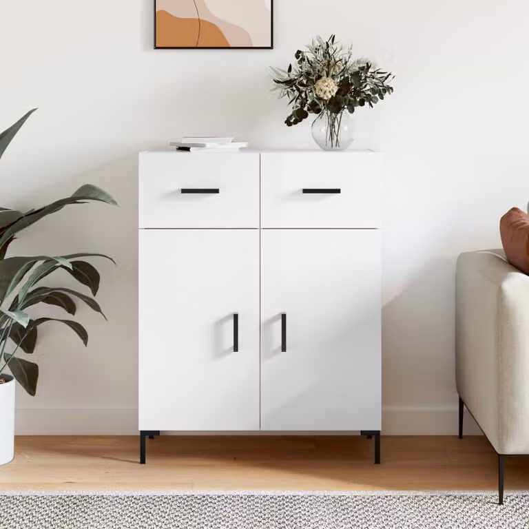 Credenza moderna vidaXL in legno e metallo bianco lucido L: 69,5 cm, P: 34 cm, H: 90 cm