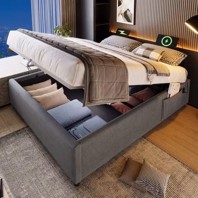 Letto Matrimoniale 160x200 cm con Contenitore e Prese USB/Type-C; Struttura Letto Senza Testiera in Lino Grigio