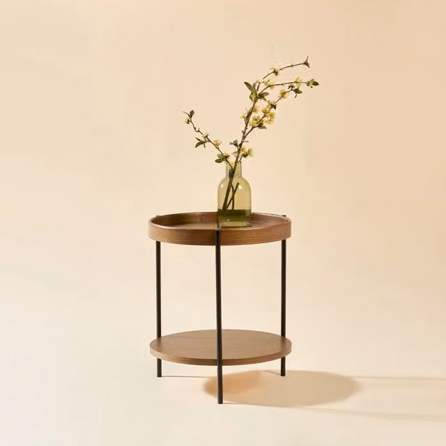Tavolino basso rotondo OKWISH con 2 ripiani in legno e MDF, design moderno per soggiorno, marrone