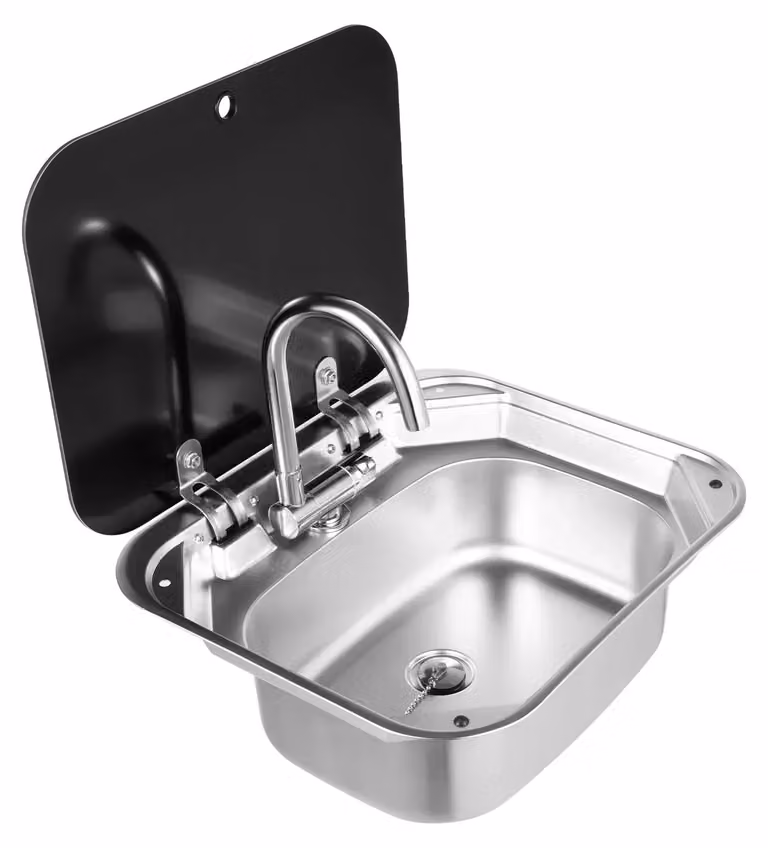 Lavello per camper - Lavello da incasso con rubinetto pieghevole - Acciaio inossidabile 304 - Coperchio in vetro temperato - Rettangolare - Argento - 41 x 36,5 x 16 cm