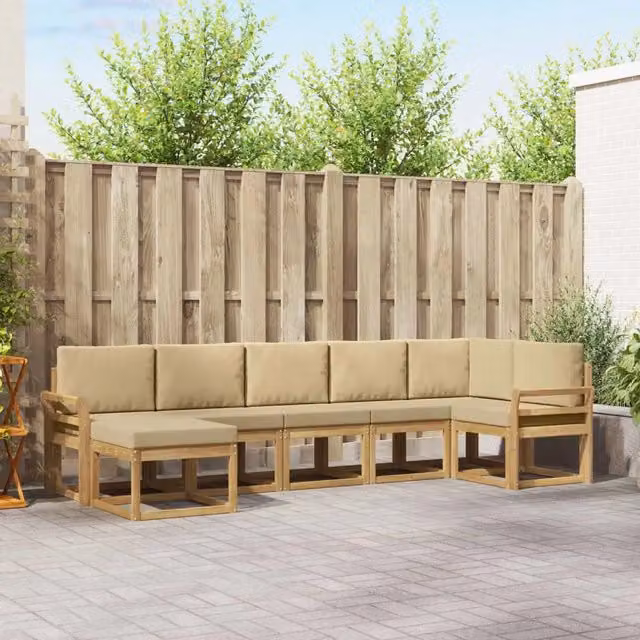 Set di divani da esterno a L vidaXL in legno di acacia con cuscini, bianco e beige – 1