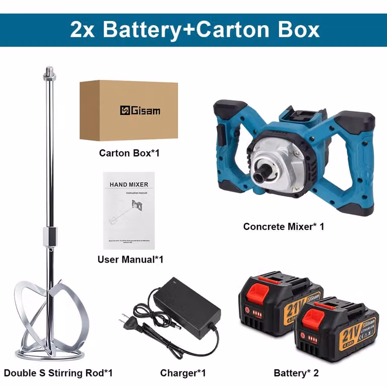 Miscelatore per calcestruzzo e vernici a batteria - Agitatore per malta da 18V - Motore brushless - 6 velocità - Compatibile con batterie Makita da 18V - Set con 2 batterie