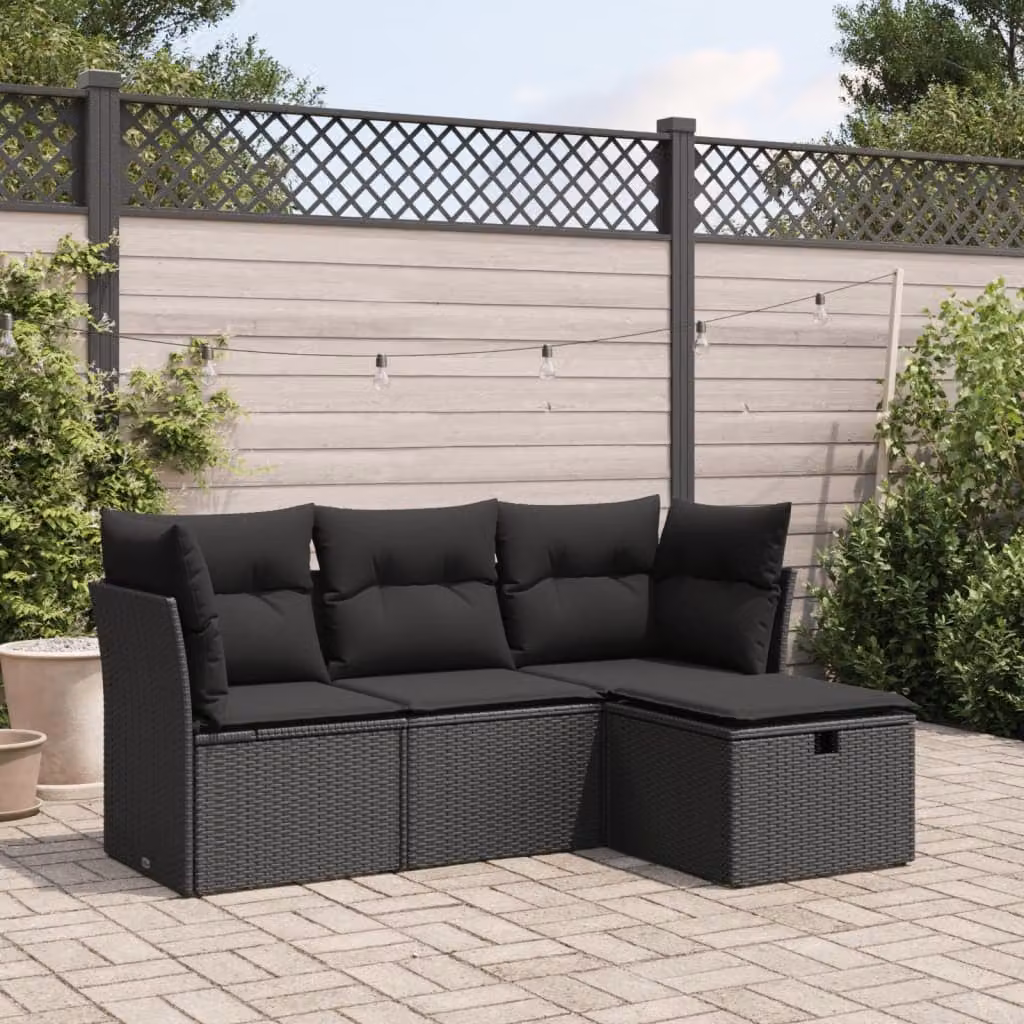 Set di divani da giardino vidaXL in polyrattan nero con cuscini e pouf a forma di L
