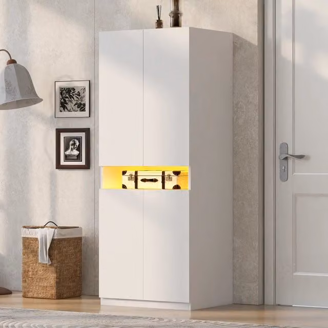 Armadio guardaroba 2 ante con vano centrale LED e appendiabiti in MDF bianco per camera da letto 70 × 55 × 180 cm
