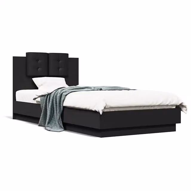 Letto singolo | Letto per adulti | Giroletto con Testiera Nero 90x200 cm in Legno Multistrato