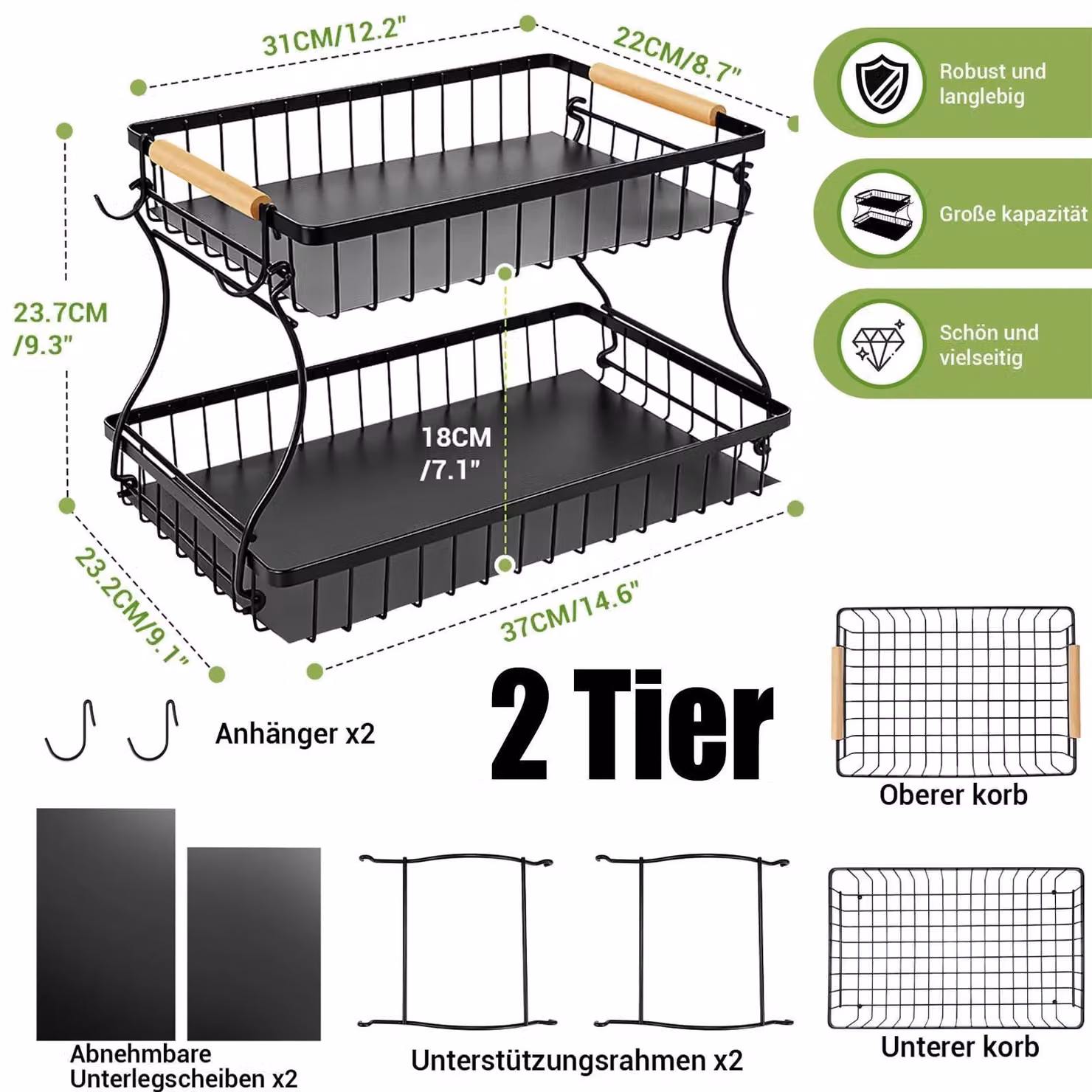 Cesto a 2 piani - Scaffale per piani di lavoro - Impilabile e smontabile - Metallo con design aperto - Con 2 ganci - 37 x 24 x 23 cm - Nero