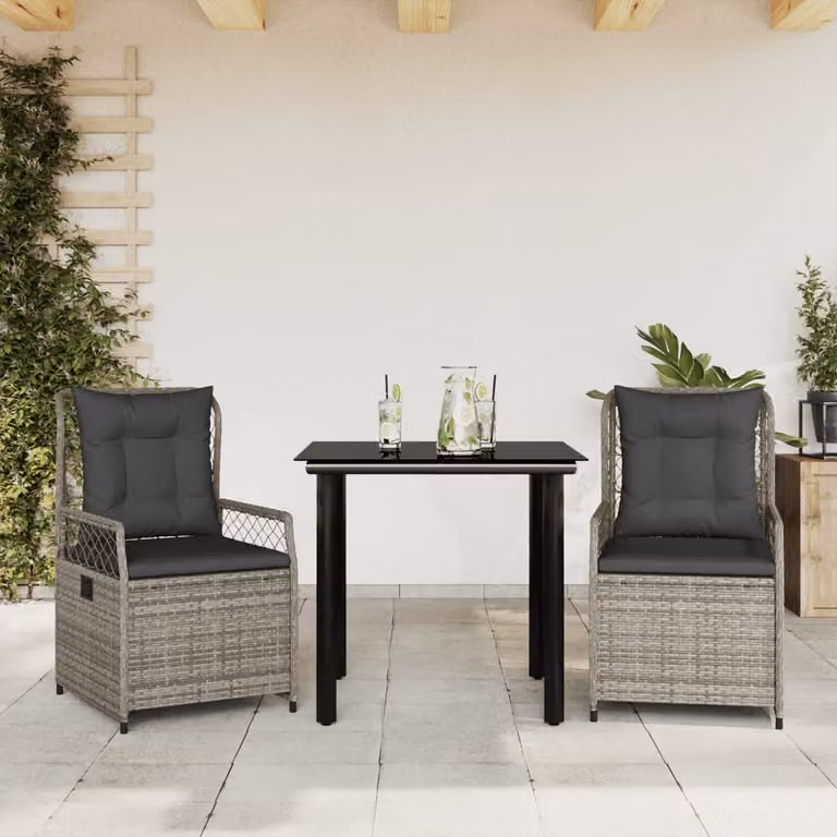 Set da Pranzo da Giardino 3 pz vidaXL in Polyrattan Grigio con Tavolo in Vetro e Cuscini