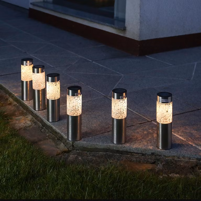Lampioni solari a LED per esterni, design mosaico - LED bianco caldo - acciaio inossidabile - picchetto da terra - altezza: 22 cm - argento - set da 6