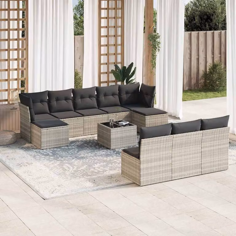 vidaXL Set Divani da Giardino 11 pz a Forma a U in Polyrattan Grigio con Cuscini e Tavolino da Esterno