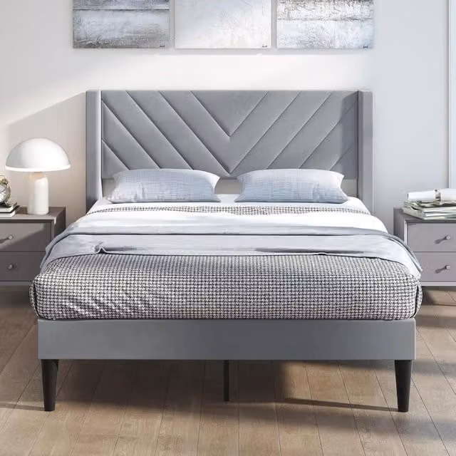 Letto Matrimoniale Imbottito Costway in Velluto Grigio con Supporto a Doghe in Legno, Dimensioni: 140 x 200 cm