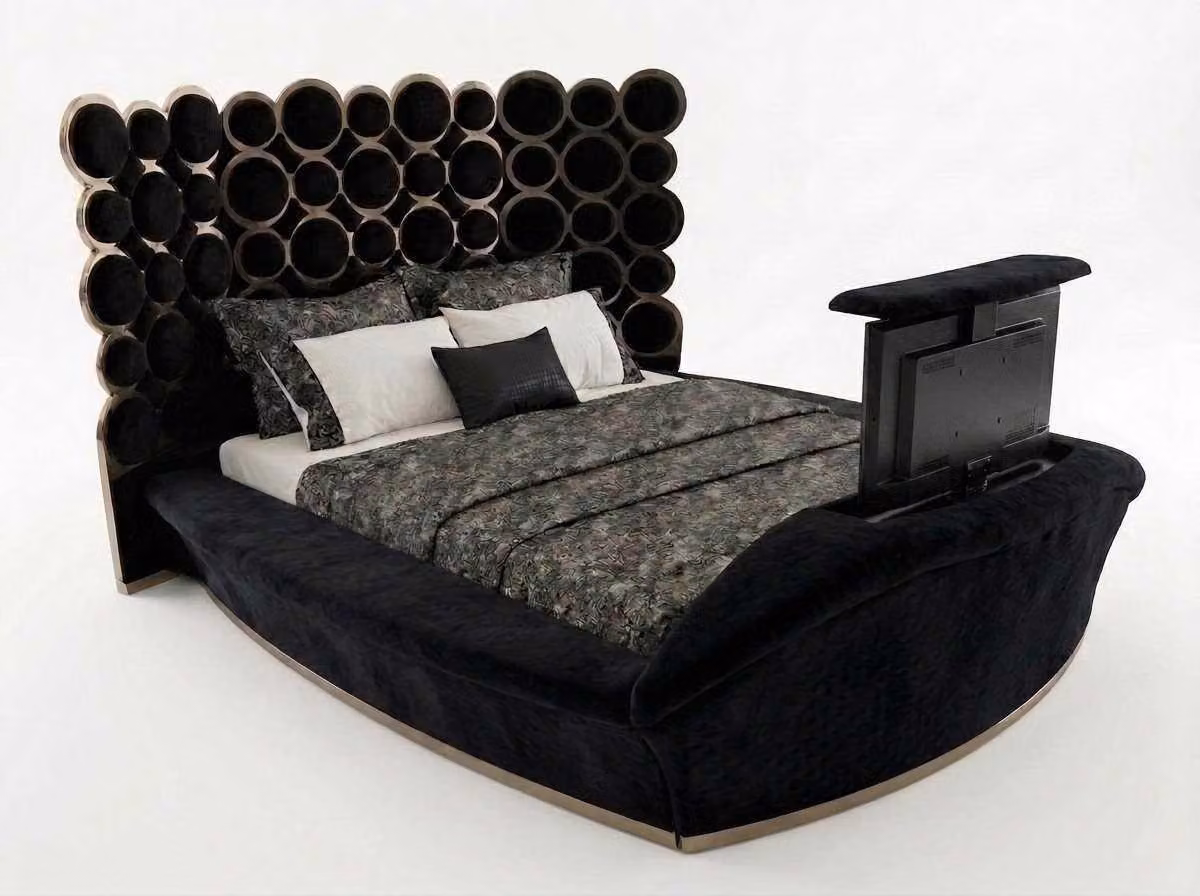 Letto di design nero, lussuoso, imbottito, in legno e tessuto, per la camera da letto