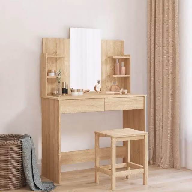 Toeletta con specchio e tavolo da vanità Design Mania in finitura Rovere Sonoma, L: 96 cm, P: 39 cm, H: 142 cm