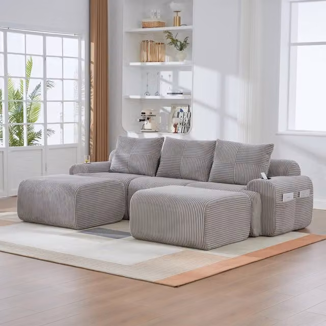 Divano modulare WISHDOR a 3 posti in tessuto corduroy grigio, design moderno a L con portabicchieri, L/P/H: 268 x 174 x 80 cm