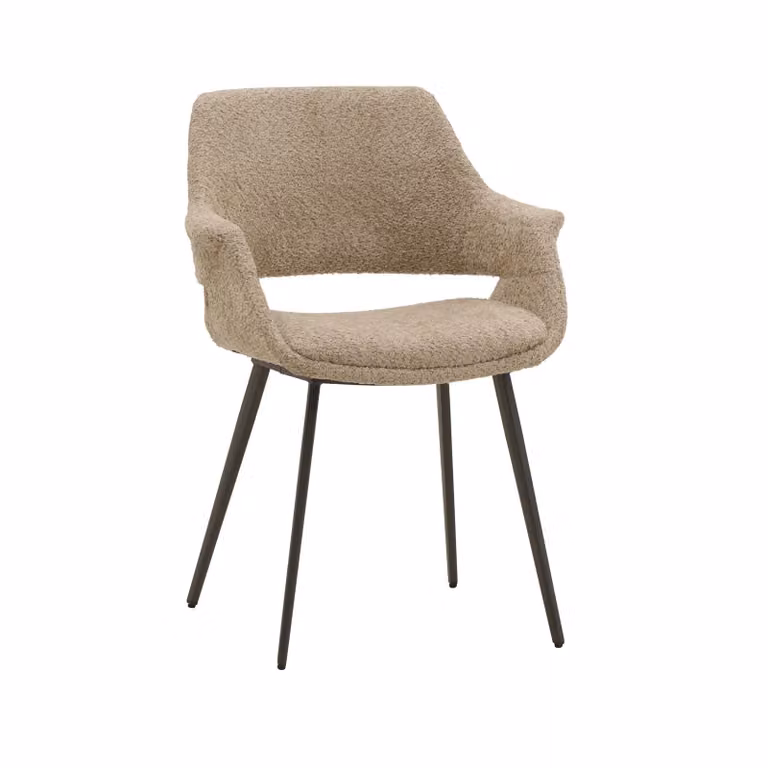 Set di sedie EMBAJADORES in tessuto beige effetto bouclé e gambe in metallo nero, con braccioli