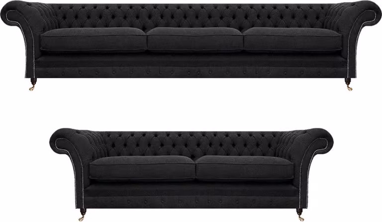 Chesterfield Set 2x Sofas Textil Polstermöbel Schwarz Sofagarnitur Komplett