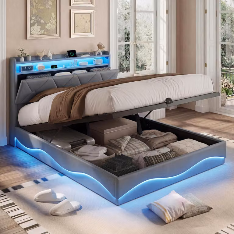 Letto imbottito 160x200 cm con spazio contenitore a sollevamento idraulico, testiera con vano portaoggetti, illuminazione LED, 2 porte USB e 1 porta Type-C, rete a doghe, colore grigio, senza materasso