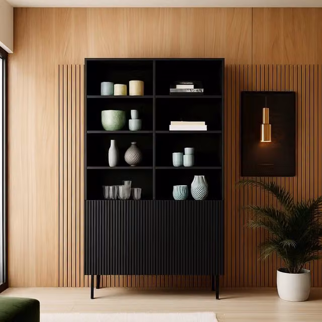 Libreria Ghilarza DMORA con vani aperti e due ante, Nero opaco, L 100 x P 42 x H 177 cm