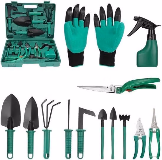 Set di 13 utensili da giardino Unyqoos® con scatola portaoggetti: forbici da giardino (acciaio inossidabile), pala e rastrello (Acciaio al carbonio), manici in PP, guanti