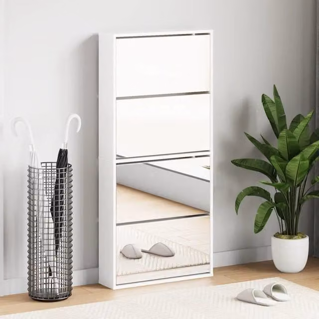 Scarpiera con Specchio a 4 Livelli-Mobile con specchio Bianco lucido 63x17x134 cm