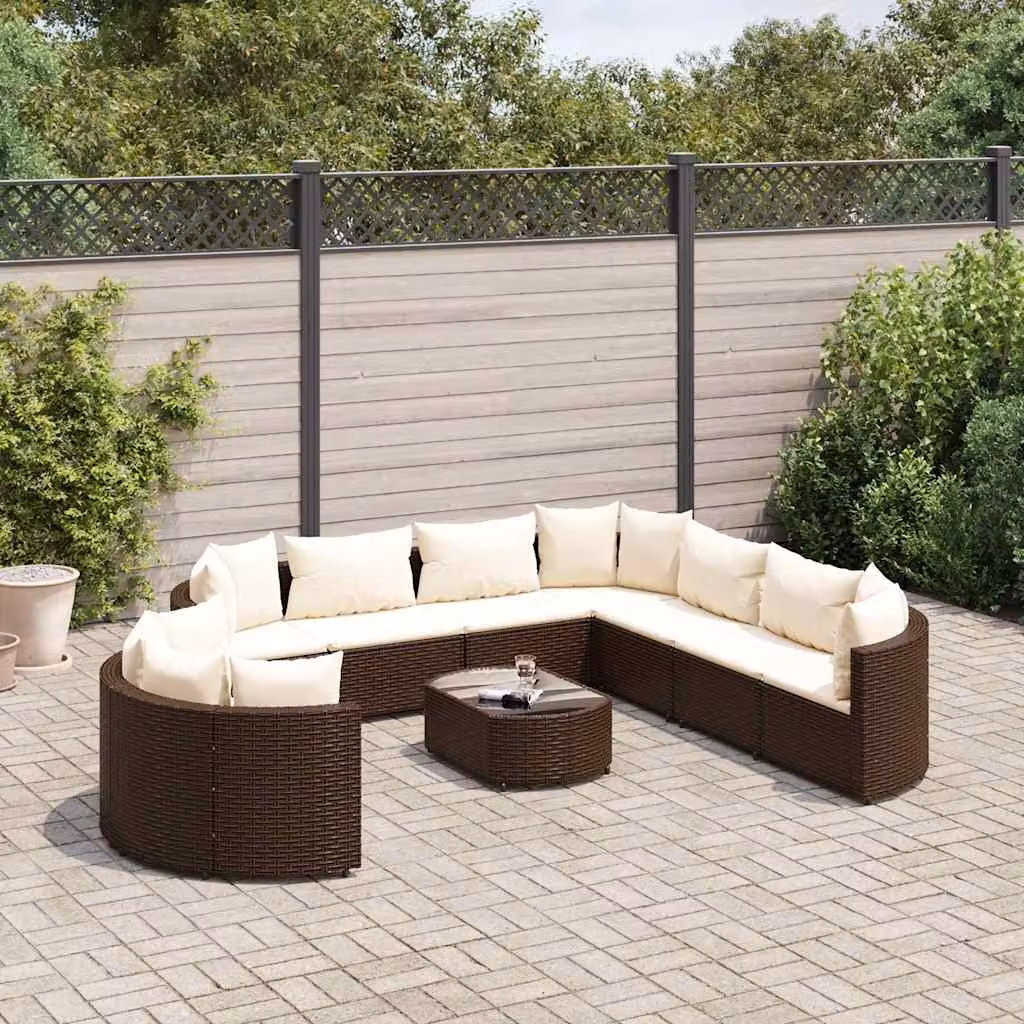 Set Divani da Giardino vidaXL 10 Pezzi con Tavolino e Cuscini, Design Moderno a L in Polyrattan Marrone e Bianco con Struttura in Acciaio Verniciato a Polvere